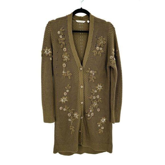 SOFT SURROUNDINGS Green Knit Embroidered Beaded Long Cardigan Sweater Medium - Picture 2 of 9
